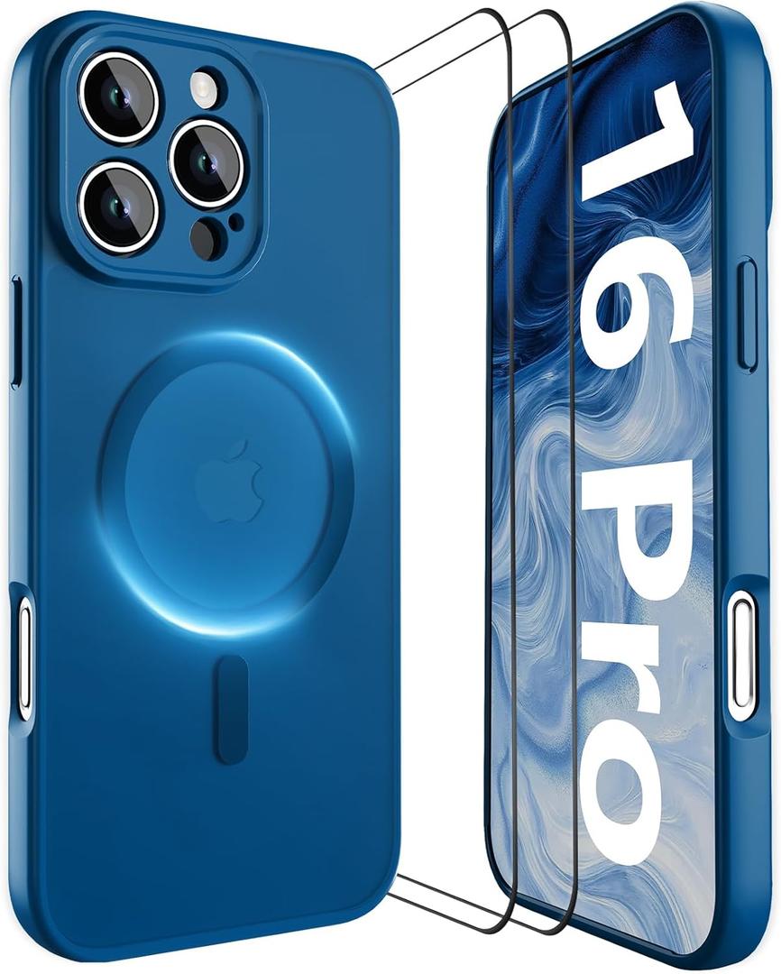 YFEMLAZ Magnetic for iPhone 16 Pro Case,with Screen Protectors X2,Full Camera Protection,Compatible with MagSafe,Translucent Matte,Anti-FingerprintShockproof Protective Phone Case,6.3",Blue