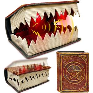 [ Sound & Motion Activated ] Opening & Closing Spell Book Halloween Animatronic Decorations Indoor, Battery Operated Hocus Pocus Book Props with 2 LED Lights for Halloween Party Favors Haunted House