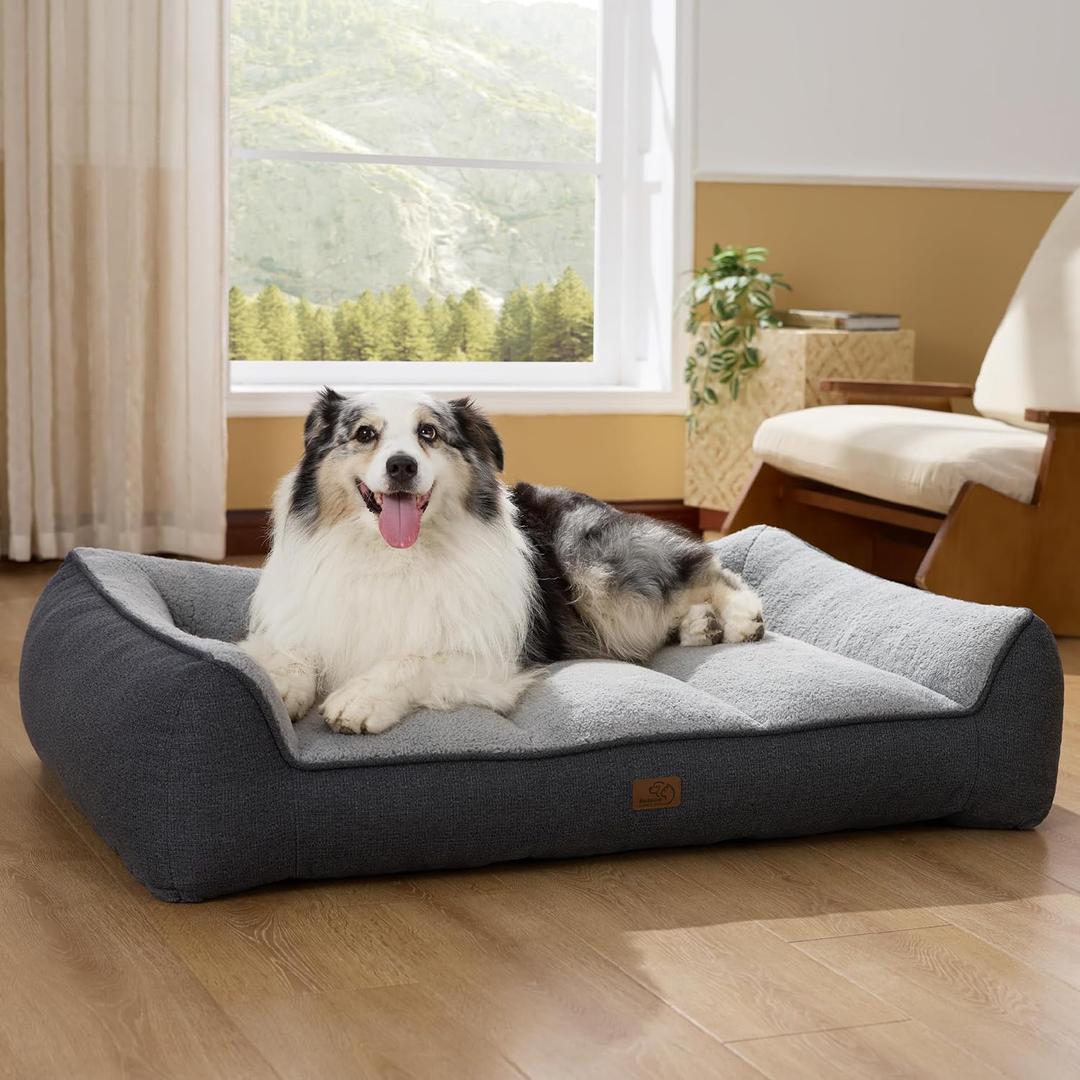 Bedsure XL Orthopedic Dog Beds Large Sized Dog - Extra Thick Supportive Dogs Couch with Waterproof Washable Cover, Extra Large Comfort Pet Bed Sofa with Soft Plush Sherpa and Nonskid Bottom, Grey, 42"