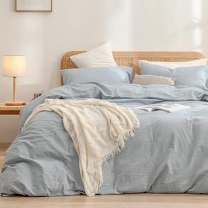 BESTOUCH Duvet Cover Set 100% Washed Cotton Linen Feel Super Soft Comfortable Chic Lightweight 3 PCs Home Bedding Set Solid Cornflower Blue Oversized King