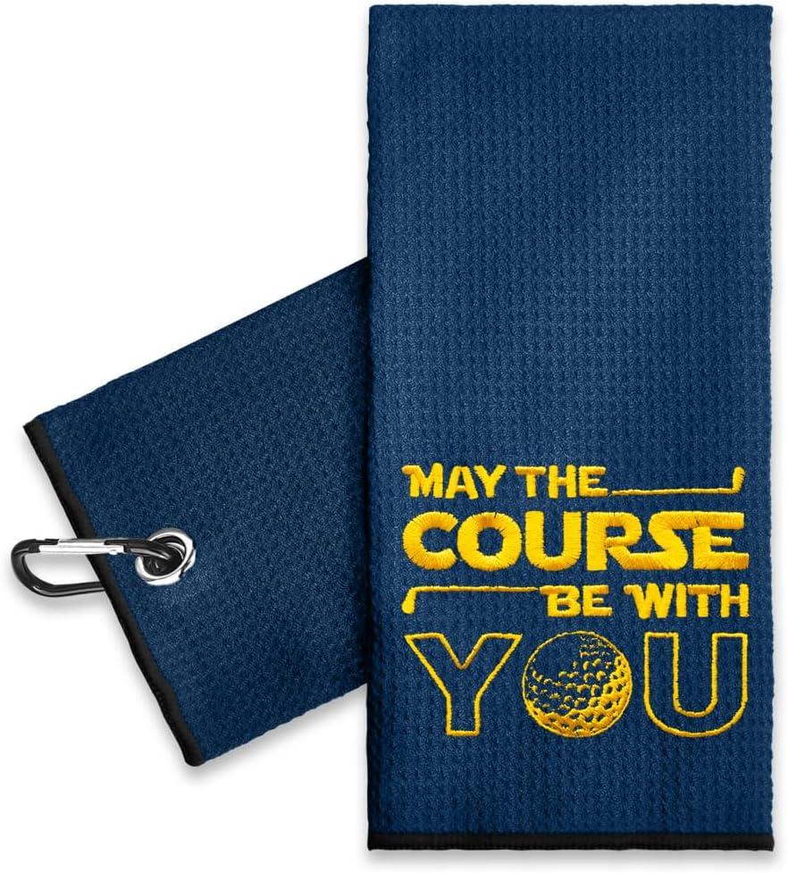 ERHACHAIJIA May The Course Be with You Embroidered Golf Towel with Clip. Funny Golf Accessories Gifts for Men Women Golfer, Birthday Retirement Mother's Day (Navy)