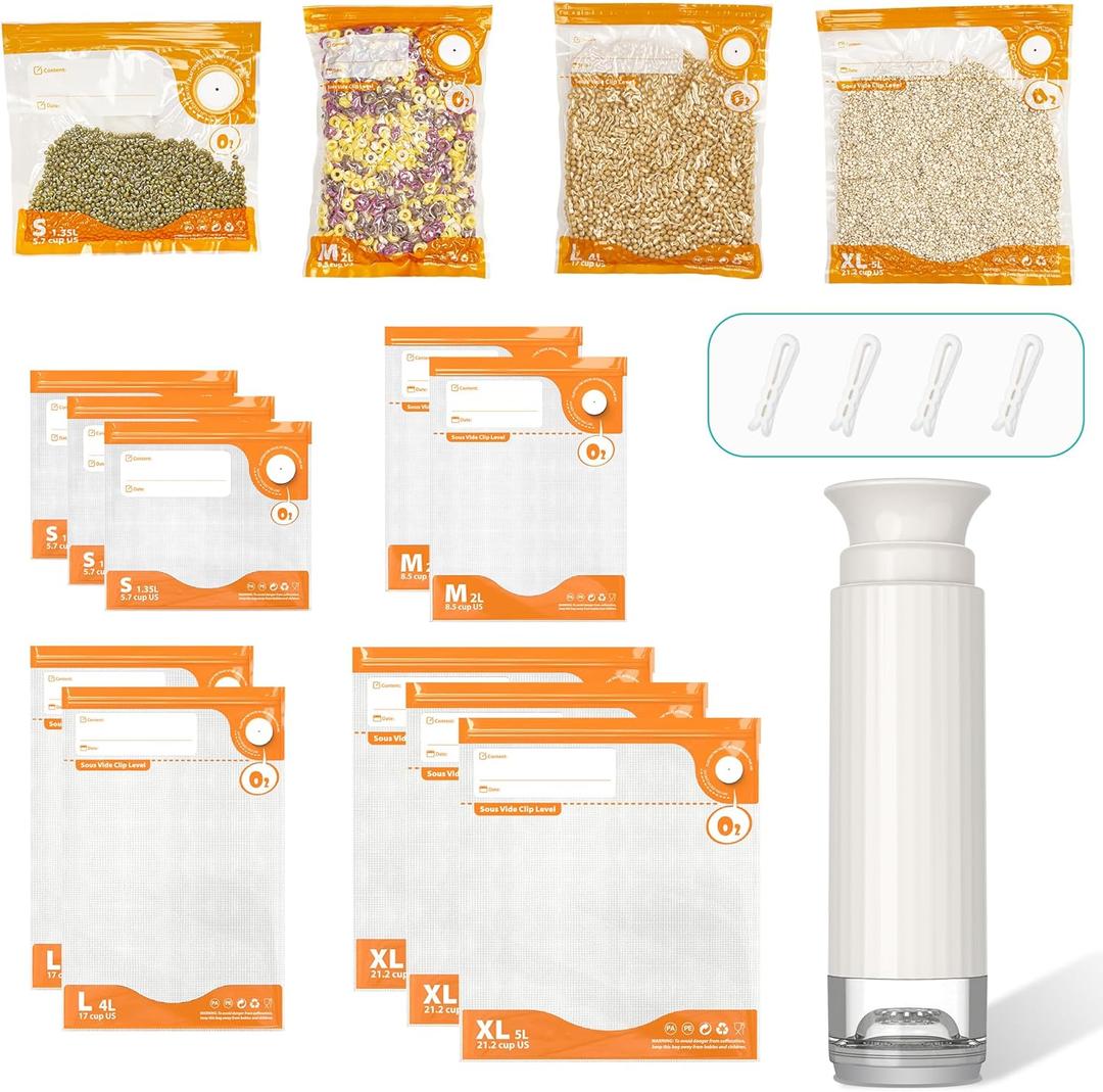 15pcs Vacuum Sealer Kit, Reusable Sous Vide Bags(1pc Manual Pump + 20 Bags + 6 Clips), PA+PE Material, Airtight Food Storage for Freshness, Ideal for Cooking, Meal Prep & Long-Term Freshness