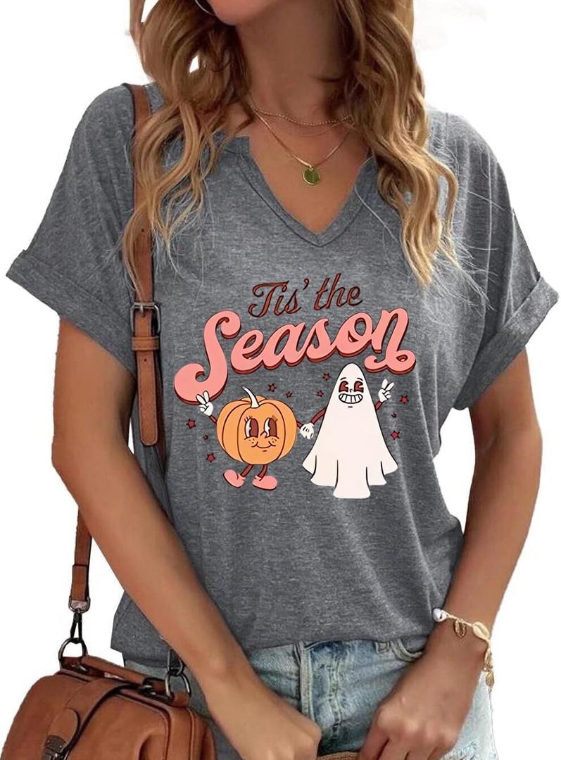 Halloween Shirts for Women Funny Halloween Pumpkin Graphic Short Sleeve Shirt Casual Fall Tee Tops (Large, Grey)