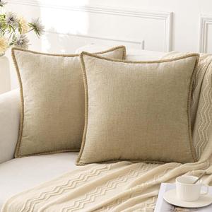 ANRODUO Pack of 2 Beige Chenille Throw Pillow Covers 18x18 Inch Farmhouse Decorative Pillow Covers with Stitched Edge Soft Throw Pillows for Couch Sofa Bed and Living Room Christmas Boho Home Decor