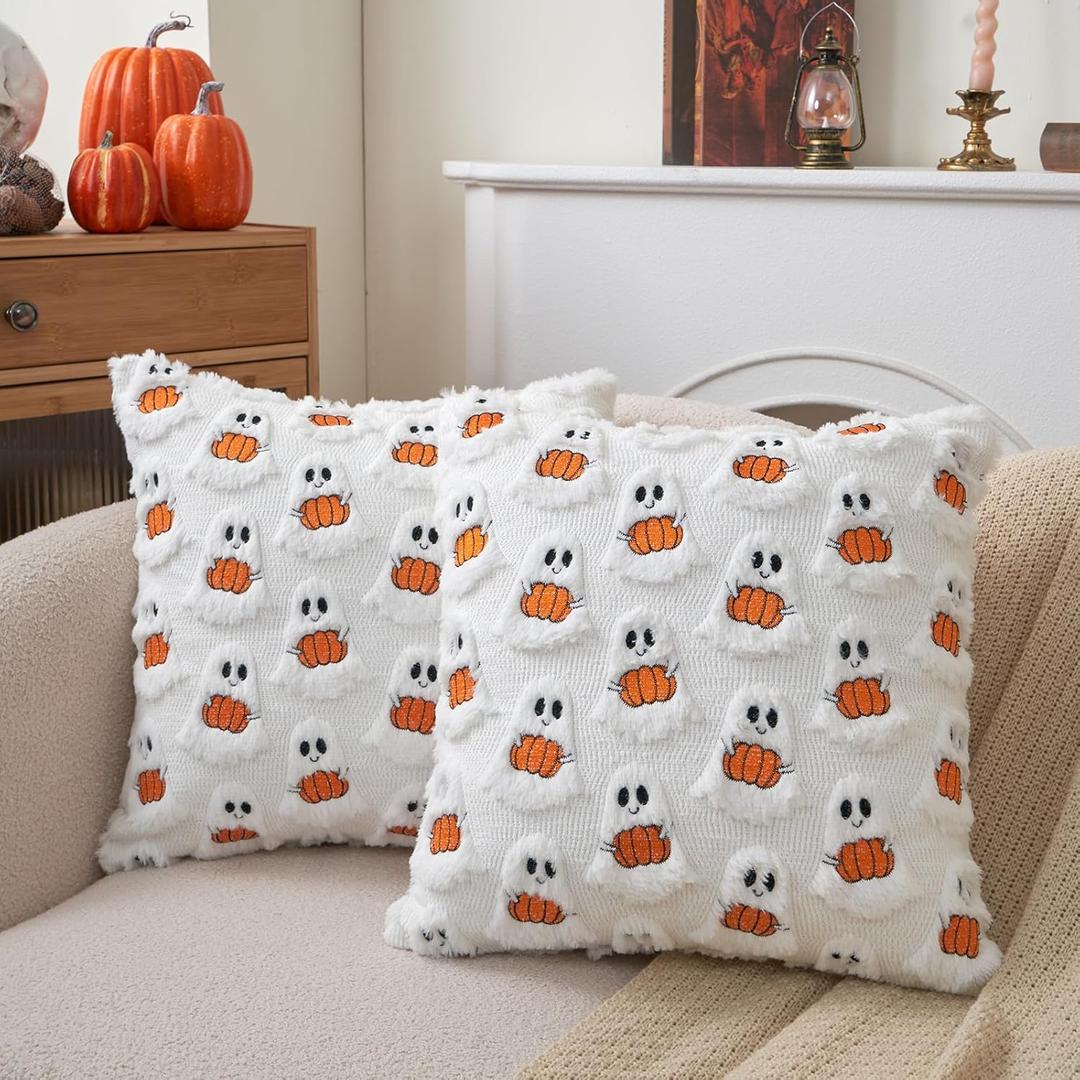 Halloween Pillow Covers 18x18 Set of 2 Double-Sided Embroidered Ghost Pumpkin Throw Pillow Cover Soft Plush Fall Decor for Home Couch Bed Living Room (White)