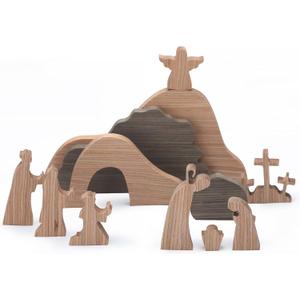 12 Pcs Easter Resurrection Scene Set Wooden Religious Jesus Nativity Scene Decorations Wood Christian Empty Tomb Cross Figures Table Decor for Easter Home Office Crafts Tabletop Decorations