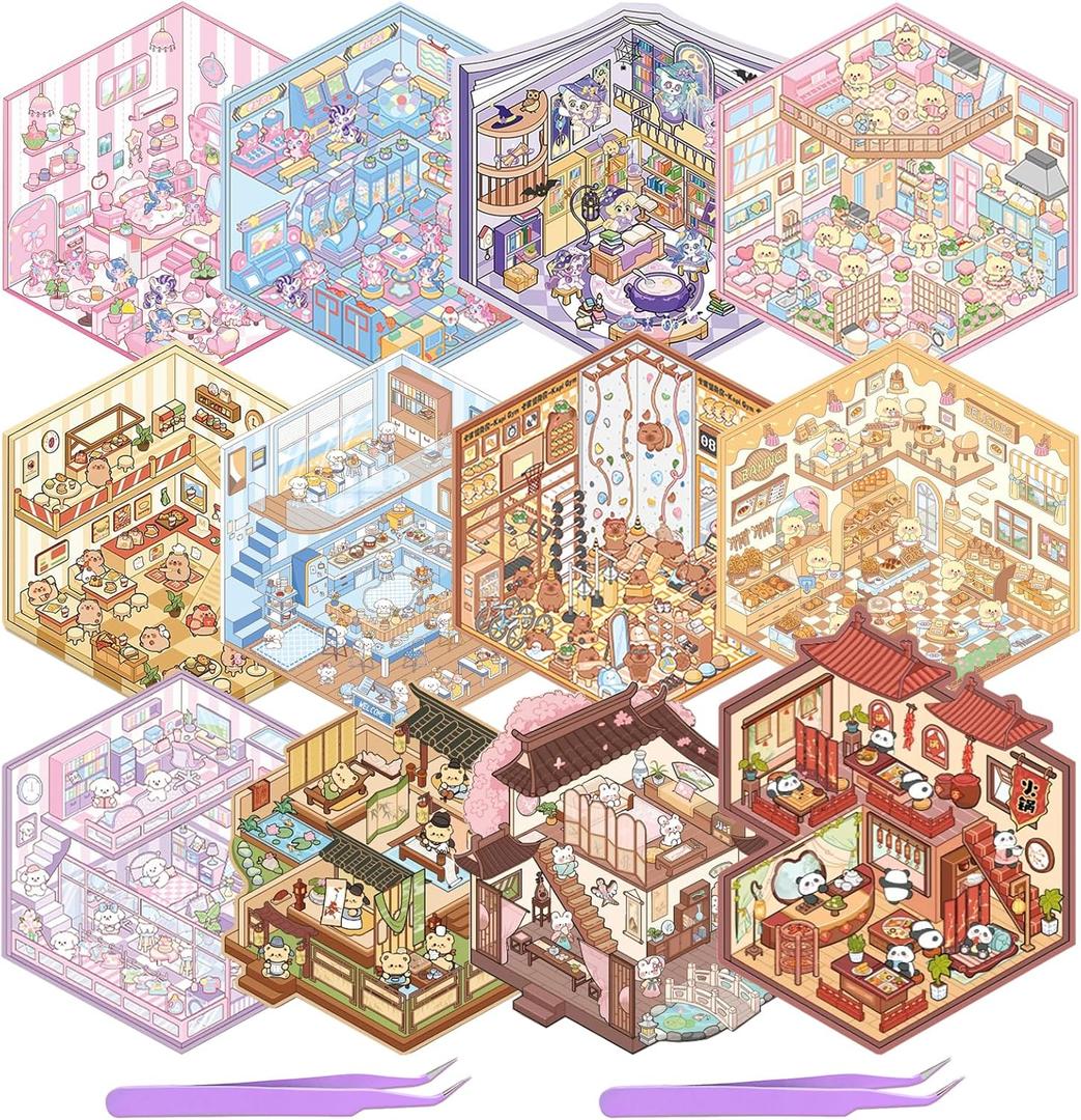 DIY 3D Sticker Scene, Stickers Book Make Your Own Mini Shop Scenes Stickers Cute Cartoon Animal Multi-Scenario Sticker for Relaxation Pass The Time Gifts (Cute)