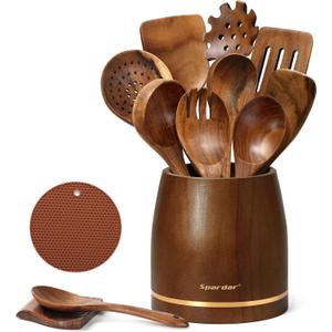 Spardar Wooden Spoons for Cooking, 12 Pcs Teak Wooden Utensil Set with 9 Pcs Spoons, Spoon Rest, 4.2" Utensil Holder, and Potholder for Kitchen Decor & Housewarming Gift Spardar Wooden Spoons for Cooking, 12 Pcs Teak Wooden Utensil Set with 9 Pcs Spoons, Spoon Rest, 4.2" Utensil Holder, and Potholder for Kitchen Decor & Housewarming Gift