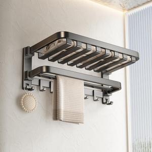 VOLPONE Bathroom Towel Rack with Double Towel Bar Foldable Towel Shelf Wall Mounted Towel Storage with Hooks No Assembly Required 24Inch Matte Grey (23.6in)