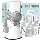 Cambom 5 in 1 Rotary Cheese Grater Hand Crank Cheese Shredder for Fresh Cheese, Vegetable, Nuts,Non-slip Suction Base, Five Blades, White