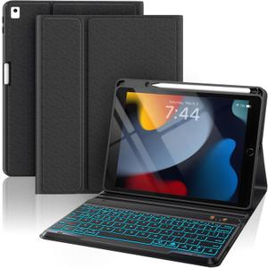 Keyboard Case for iPad 9th Generation-10.2 inch - 7 Colors Backlit Wireless Detachable Folio Keyboard Cover with Upper Pencil Holder for iPad 8th/7th Gen/iPad Pro 10.5"/iPad Air 3rd Gen - Black