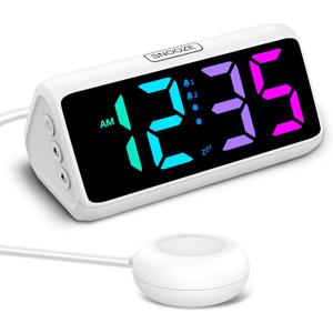 Netzu Loud Alarm Clock for Heavy Sleepers, Plug-in RGB Vibrating Alarm Clocks with Bed Shaker, 5 Dimmers, 2 Alarms and Snooze for Bedrooms Hearing Impaired Deaf Adults (White)