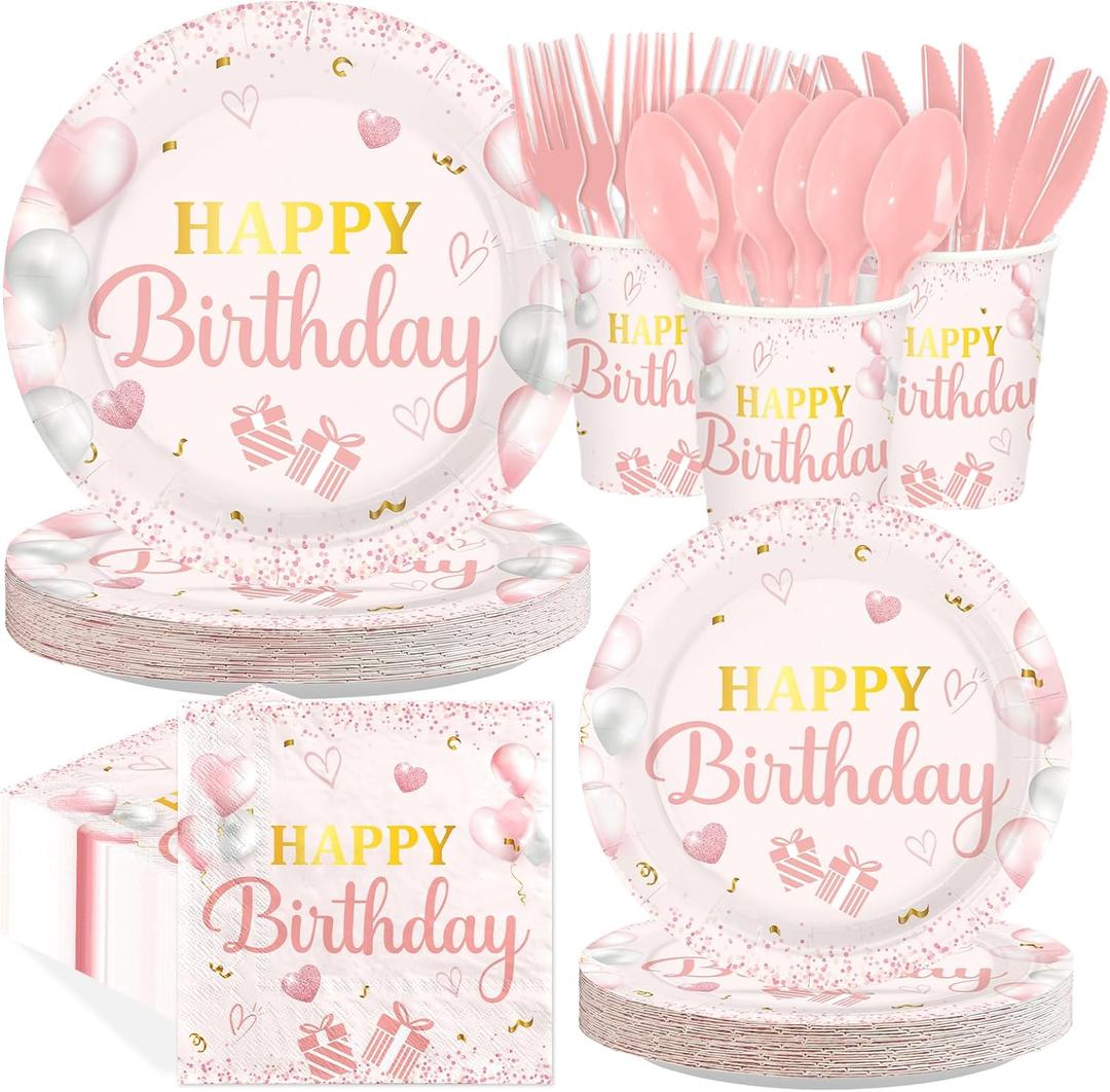 168Pcs Pink Happy Birthday Party Decorations Pink Rose Gold Plates Cups and Napkins Tableware Sets Glitter Decorations for Girls Women Birthday Wedding Anniversary Party Supplies Serves 24