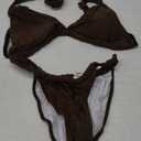 Women Brazilian Bikini Swimsuit Two Piece Tie Knot Bathing Suits Halter Triangle Cheeky Thong Bikini Sets (Medium, Coffee)