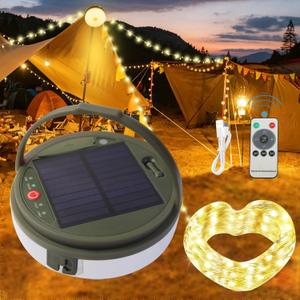 Solar Camping String Lights, 39.4 Ft Ultra Outdoor String Lights with 8 Lighting Modes, Solar Power and USB Rechargeable with Remote Control, Waterproof Portable Camping Lights for Yard Hiking (White)