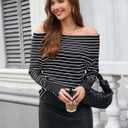 MAKABO Off The Shoulder Sweater for Women Striped Knit Long Sleeve Pullover Sweaters Tops Trendy Outfits (L)