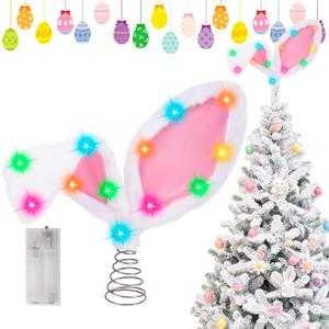 Easter Tree Topper with Bunny Ears - 14'' Lighted Rabbit Ears Tree Top Decorations, Spring Tree Topper with Metal Base Decor, Easter Christmas Tree Ornaments for Holiday Home Decoration Party Supplies