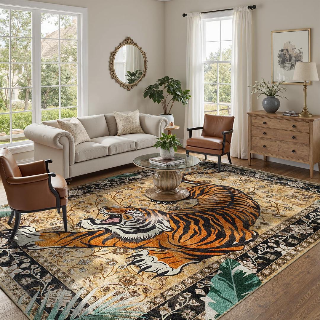 DCX Washable 9x12 Tiger Area Rug, Brown Vintage Animal Rug for Living Room, Soft Low Pile Carpet, Kid & Pet Friendly with Rubber Back Non Slip, Stain Resistant Rug for Bedroom Dining Room Office