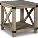 Signature Design by Ashley Aldwin Casual Farmhouse Rectangular End Table with Crossbuck Details, Metal Bracket Accents, Wood, 25" High, Weathered Gray, 26" W x 24" D x 25" H
