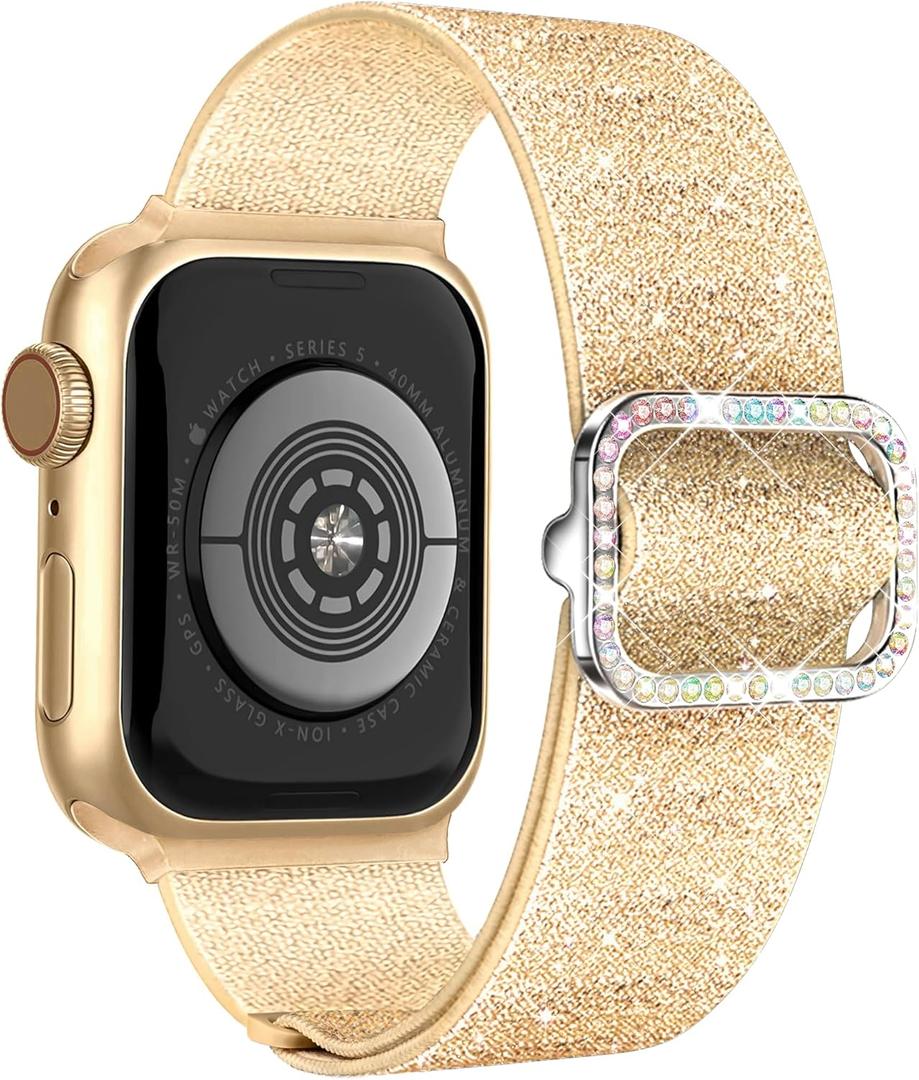 Wipalor Sparkly Stretchy Nylon Band Fit Bling Apple Watch Bands for Women (42mm Series 11/10)41mm 40mm 38mm, Elastic Sport iWatch Bands for Cute Glitter iPhone Watch Series 11 10 9 8 7 6 5 4 3 SE-Gold