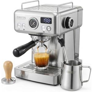 HIBREW H10A - 58mm Espresso Machine, Stainless Steel Body with Milk Frother, Customizable Settings, Smart Display + 20 Bar Pressure Gauge.