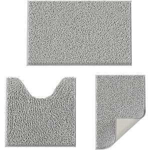 Bathroom Rugs Set 3 Pieces Extra Soft and Absorbent Shaggy Bath Rugs, Chenille Bathroom Mats, Non-Slip Plush Carpet Runner, Bathrooms Set with Toilet Rugs, Perfect Bath Mats for Bath Tub, Shower (16" x 24" & 20" x 32"& 20" x 20" U shape, Light Grey)