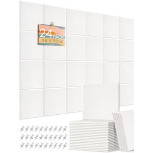 Lightomorrow 0.47" Thick Felt Pin Board Tiles, 24 Pack 11.8 x 11.8 in Bulletin Board Wall Decor, Cork Board Alternative with Adhesive & 60 Push Pins for Home Office Classroom, White