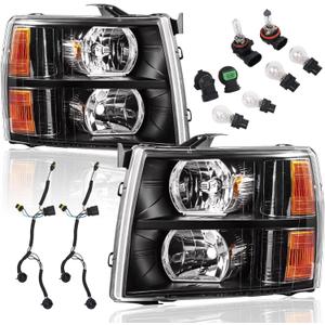 Headlight Assembly Set Compatible with 2007 2008 2009 2010 2011 2012 2013 Chevy Silverado 1500, 07-14 Silverado 2500HD 3500 Headlamp W/Wiring Harness & Bulbs, Black Housing Ambar Reflector