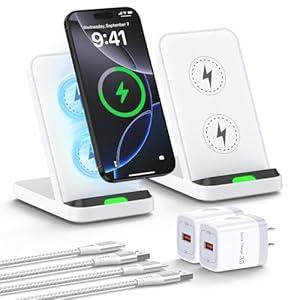 Fast Wireless Charging Station for iPhone 16e 16 15 Pro Max Samsung Galaxy S25/ S25 Ultra/ S24 FE/ S23 Google Pixel 9 Pro XL/ Fold/ 8a/ 8/ 7 Pro, Android Phone Wireless Charger Stand Desk with QC3.0 Adapter, white