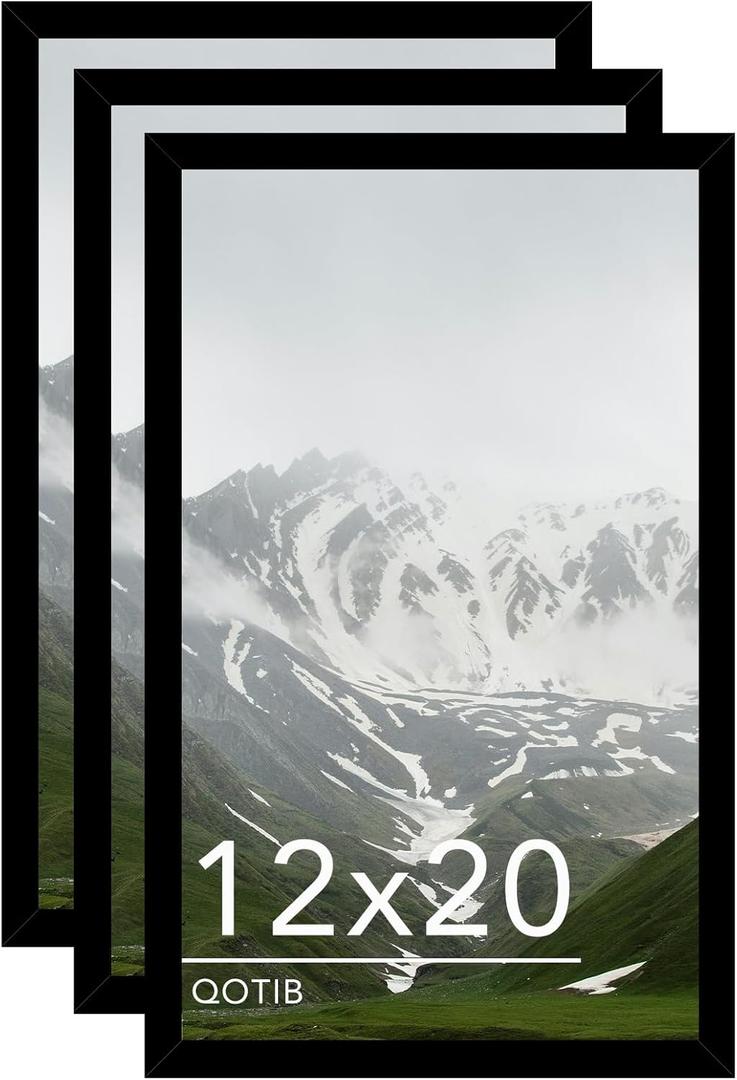 12x20 Picture Frame Black for Wall Mounting Set of 3, Horizontal and Vertical Formats for Wall Hanging, Wood 12x20 Frame, Black, 3 Pack