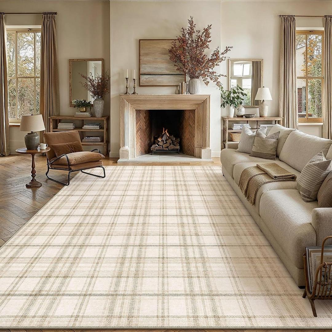 12x15 Beige Plaid Living Room Area Rug