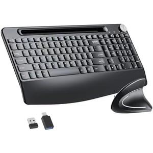 Sksyloo Full-Size Ergonomic Keyboard and Mouse, 2.4GHz Wireless Keyboard and vertical Mouse with Tablet Phone Holder, Wrist Rest for Computer Mac PC Laptop Chromebook, Black