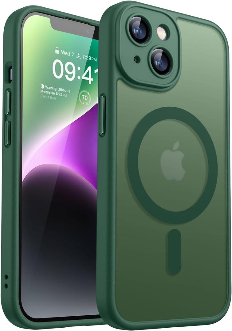 CANSHN Magnetic for iPhone 14 Plus Case, Upgraded [Full Camera Protection] [Compatible with Magsafe] [Translucent Matte] Shockproof Protective Phone Case for iPhone 14 Plus 6.7" - Deep Green