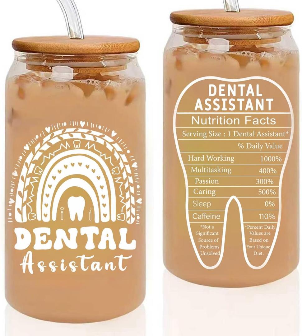 2 x Dental Assistant Gifts, Dental Assistan Appreciation Gift for Women, 16oz Dental Assistant Glass Cup With Straw, Dental Assistant Week Must Haves Travel Coffee Tumbler Mug Cup