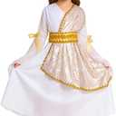 FairySassy Little Girls Halloween Greek Goddess Costume Toga God Dress with Roman Crown Leaf Wreath (9-10 Years,Gold)