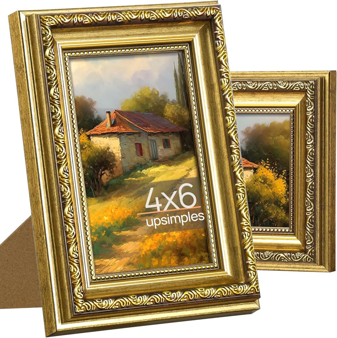 upsimples 4x6 Picture Frame with Real Glass, Ornate Vintage 4 x 6 Photo Frames for Wall Decor or Tabletop Display, Gold, 2 Pack (4x6, Gold)