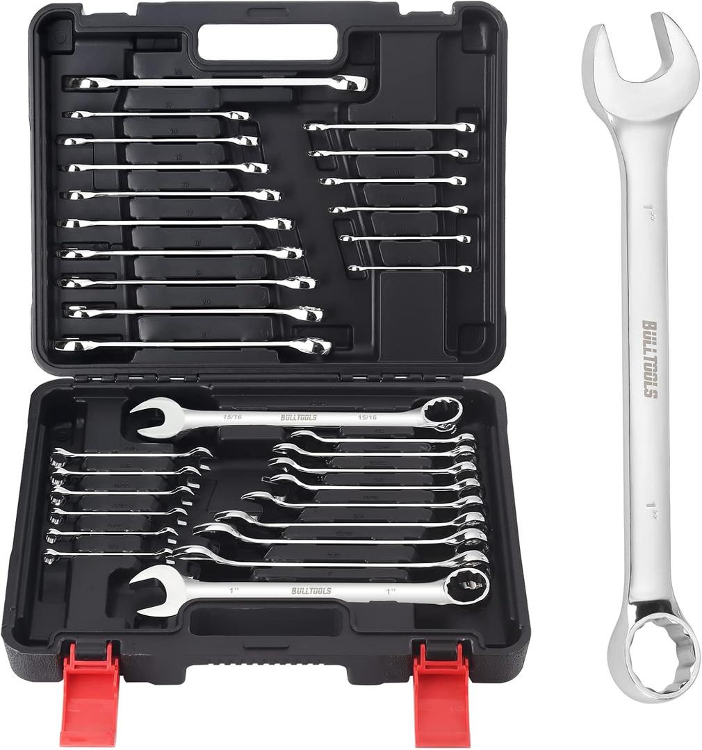 32-Piece Combination Wrench Set, SAE and Metric 1/4"-1" & 7mm-22mm Wrenches Chrome Vanadium Steel Box End and Open End Standard Wrench Set with Case