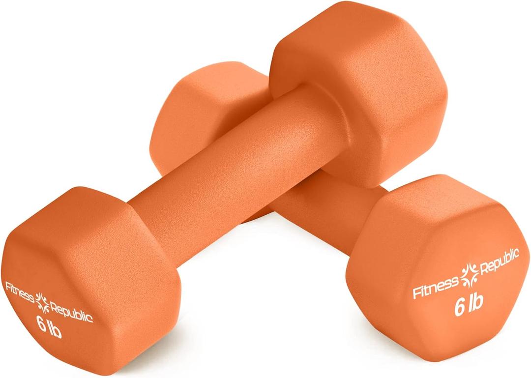 Fitness Republic Neoprene Dumbbell Set of 2, Non-Slip, Hex Shape, Free Weights for Muscle Toning and Strength Building - Portable Home Gym Hand Weights ((Neoprene) 06 lbs - Orange)