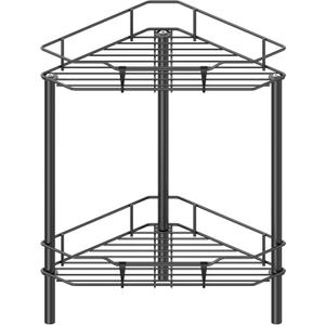 2 Tier Floor Standing Corner Shower Caddy Organizer Shelf with Hooks, Bathroom Shelves Stand Rack, Black