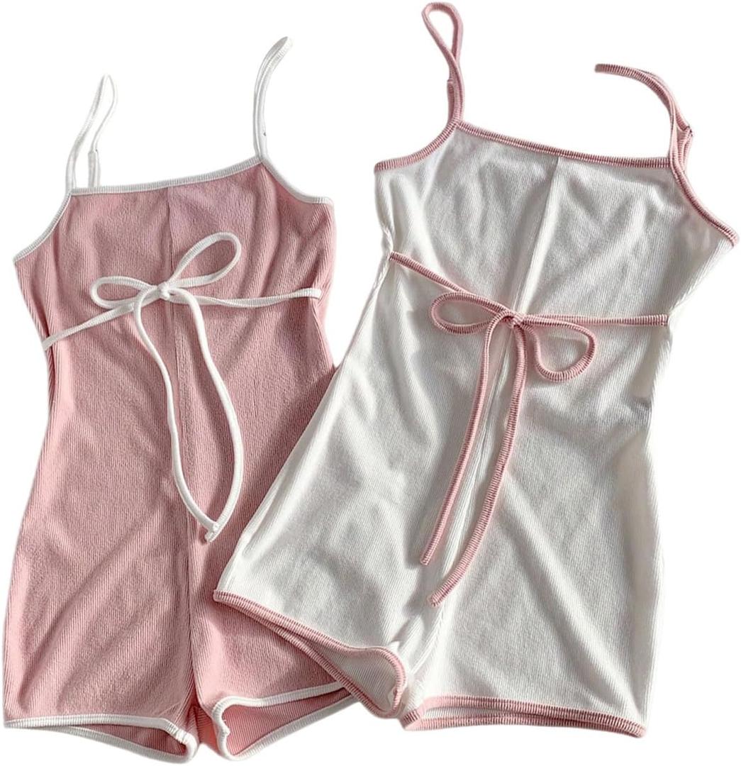 Verdusa Women's 2 Pack Coquette Bow Tie Sleeveless Rompers Backless Summer Jumpsuit Unitard (M)