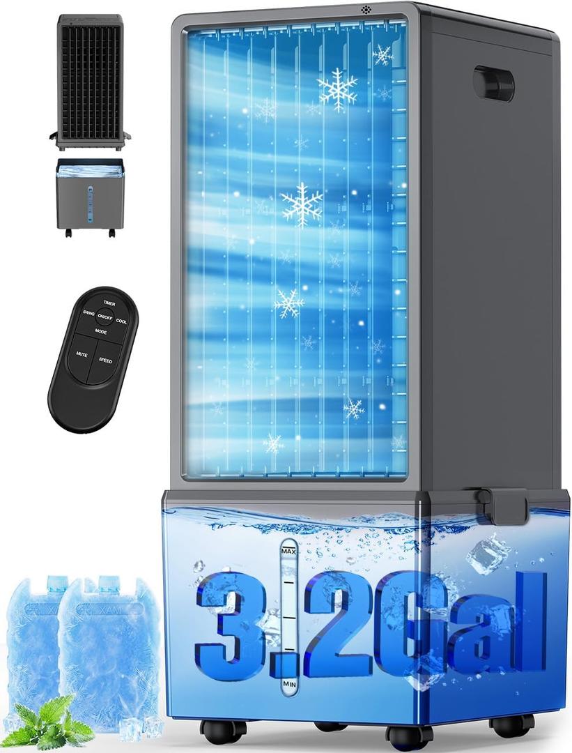 4-IN-1 Windowless Air Conditioner Portable w/ 4 Speeds & 4 Modes, 3.2-Gal Dual Tank for 30H Cooling, Waterless Alert System, 12H Timer, Remote & Touch, Swamp Cooler Air Conditioner for Bedroom