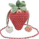 Handmade Knitted Purse Wool Woven Purse Strawberry Shaped Shoulder Bag for Women Crossbody Bag with Drawstring (Pink)