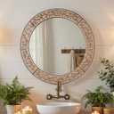 24 Inch Farmhouse Round Wall Mirror, Rustic Wooden Frame Circle Mirrors, Decorative Distressed Hanging Mirror for Bathroom Living Room Bedroom Entryway