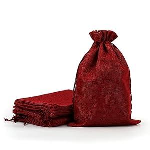 Burlap Bags with Drawstring, 8x12" Burlap Favor Sacks with Tags and String (Lot of 10) for Wrapping Favors or Gifts, Birthday, Wedding, Halloween Party or Household Use(Red)
