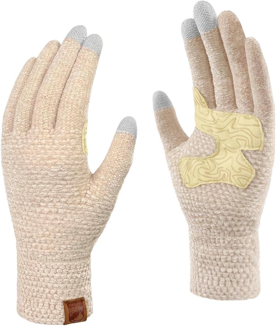 Womens Gloves with Touchscreen Winter Chenille Warm Knit Glove for Cold Weather (Beige)