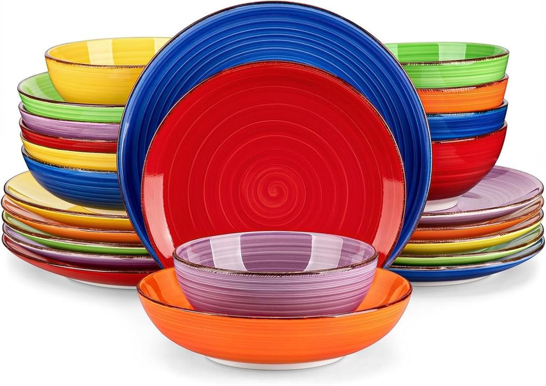 Vancasso Bonita Dinnerware Sets, 24 Pieces Multicolor Stoneware Dinner Set for 6, Handpainted Spirals Pattern Ceramic Plates and Bowls Sets Kitchen Plate Set