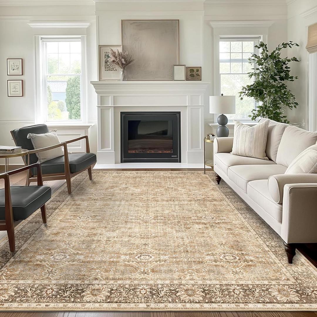 6x9 Beige Washable Rug for Living Room Large Vintage Distressed Bedroom Rug Low Pile Non-Slip Soft Boho Carpets for Bedroom Dining Room Home Office Indoor Nursery
