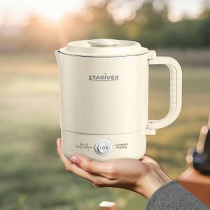 Stariver Portable Travel Kettle, 600ML Small Electric Kettle with Foldable Handle, Food Grade Stainless Steel Collapsible Water Boiler with Dual Modes, Compact Portable Kettle for RV, Camping, Beige