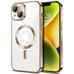 Hython Magnetic Clear for iPhone 14 Plus Case with Camera Lens Protector [Compatible with MagSafe] Luxury Plating Edge Slim Soft TPU Cover Protective Phone Case for iPhone 14 Plus 6.7", Desert Brown