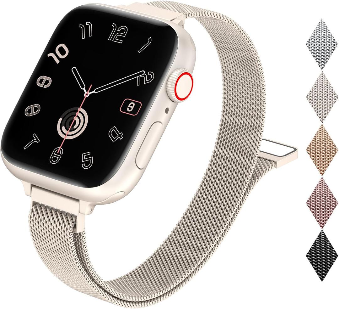 MARGE PLUS Slim Milanese Loop Compatible with Apple Watch Band for women 40mm 41mm 38mm 42mm 44mm 45mm 46mm, Stainless Steel Magnetic Mesh Strap work on iWatch Series10 9 8 7 6 5 4 3 2 1 SE (Starlight)